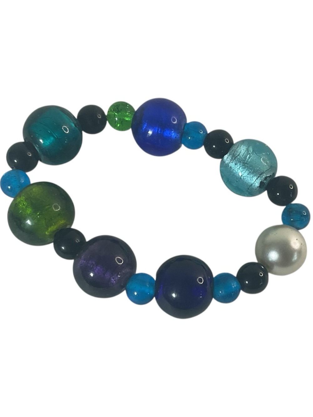 Handmade Art Glass Bead Stretch Bracelet Cobalt Blue Teal Green Purple Statement